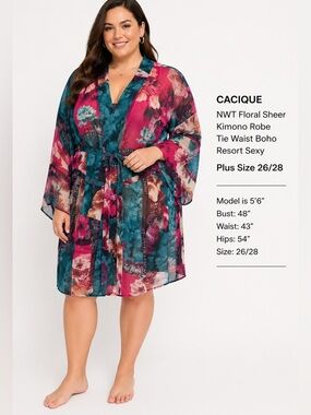 Cacique NWT Floral Sheer Kimono Robe Tie Waist Boho Resort sexy Plus Size 26/28